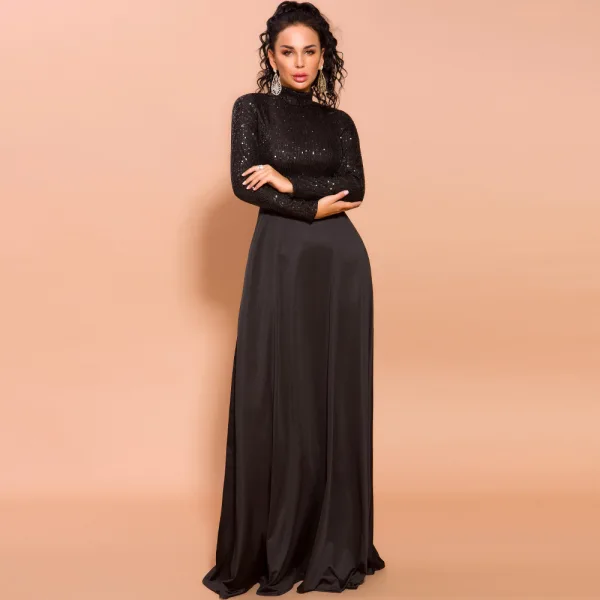 Modest Black Sequins Evening Dresses 2020 Empire High Neck Long Sleeve Floor-Length / Long Formal Dresses