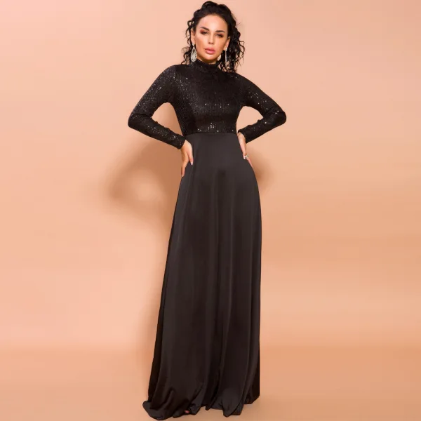 Modest Black Sequins Evening Dresses 2020 Empire High Neck Long Sleeve Floor-Length / Long Formal Dresses
