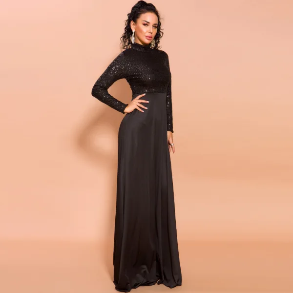 Modest Black Sequins Evening Dresses 2020 Empire High Neck Long Sleeve Floor-Length / Long Formal Dresses