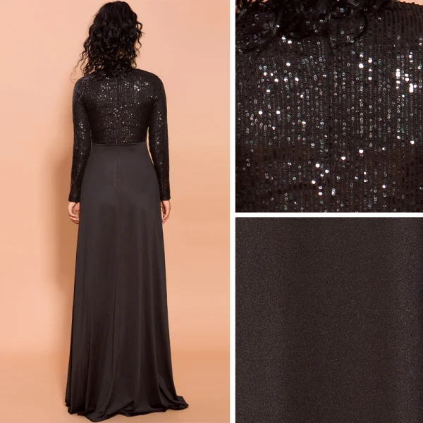 Modest Black Sequins Evening Dresses 2020 Empire High Neck Long Sleeve Floor-Length / Long Formal Dresses