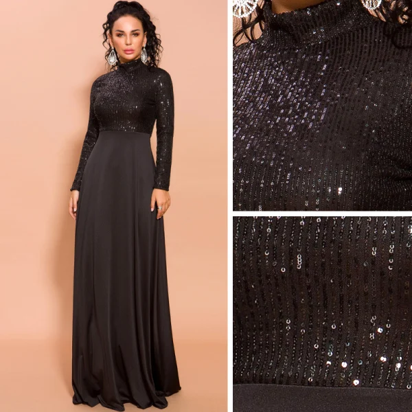 Modest Black Sequins Evening Dresses 2020 Empire High Neck Long Sleeve Floor-Length / Long Formal Dresses