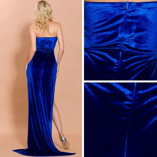 Sexy Königliches Blau Velour Abendkleider 2020 Meerjungfrau Bandeau Ärmellos Gespaltete Front Sweep / Pinsel Zug Rückenfreies Festliche Kleider