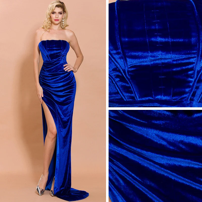 Sexy Royal Blue Velour Evening Dresses 2020 Trumpet Mermaid Strapless  Sleeveless Split Front Sweep Train Backless Formal Dresses
