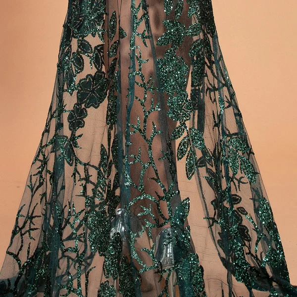 Sexy Vert Foncé Transparentes Robe De Soirée 2020 Trompette / Sirène Bretelles Spaghetti Sans Manches Appliques Paillettes Train De Balayage Volants Dos Nu Robe De Ceremonie