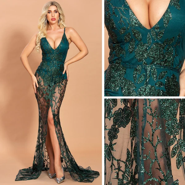 Sexy Vert Foncé Transparentes Robe De Soirée 2020 Trompette / Sirène Bretelles Spaghetti Sans Manches Appliques Paillettes Train De Balayage Volants Dos Nu Robe De Ceremonie