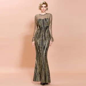 Chic Belle Noire Doré Transparentes Robe De Soirée 2020 Trompette Sirène Encolure Dégagée Manches Longues Manches De Cloche Appliques Paillettes Longue Robe De Ceremonie