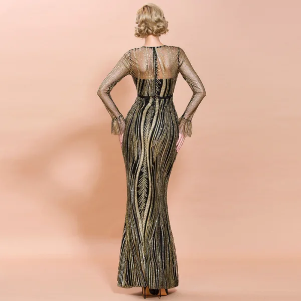 Chic / Belle Noire Doré Transparentes Robe De Soirée 2020 Trompette / Sirène Encolure Dégagée Manches Longues Manches de cloche Appliques Paillettes Longue Robe De Ceremonie