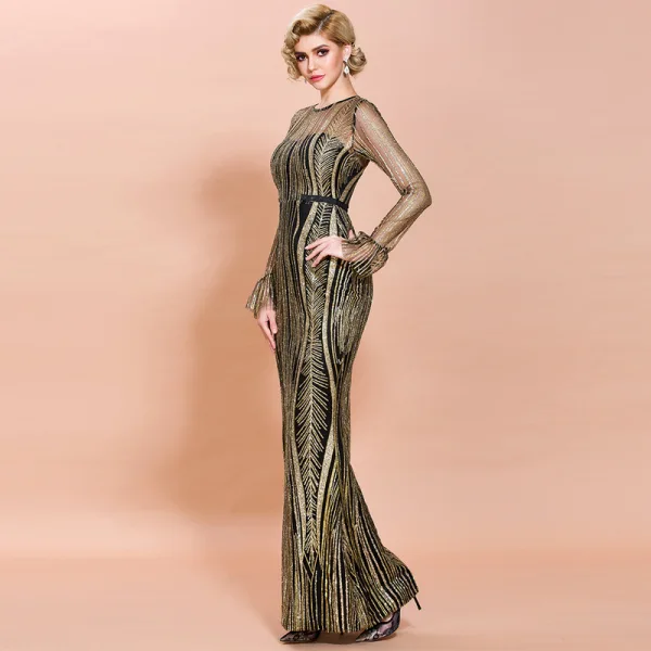 Chic / Belle Noire Doré Transparentes Robe De Soirée 2020 Trompette / Sirène Encolure Dégagée Manches Longues Manches de cloche Appliques Paillettes Longue Robe De Ceremonie