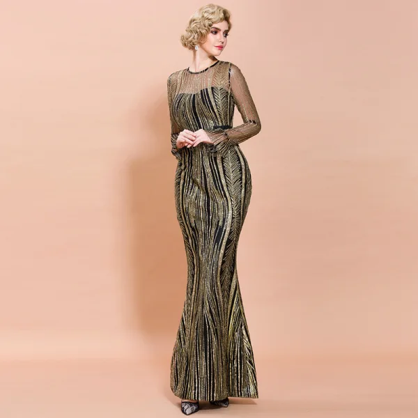 Chic / Belle Noire Doré Transparentes Robe De Soirée 2020 Trompette / Sirène Encolure Dégagée Manches Longues Manches de cloche Appliques Paillettes Longue Robe De Ceremonie