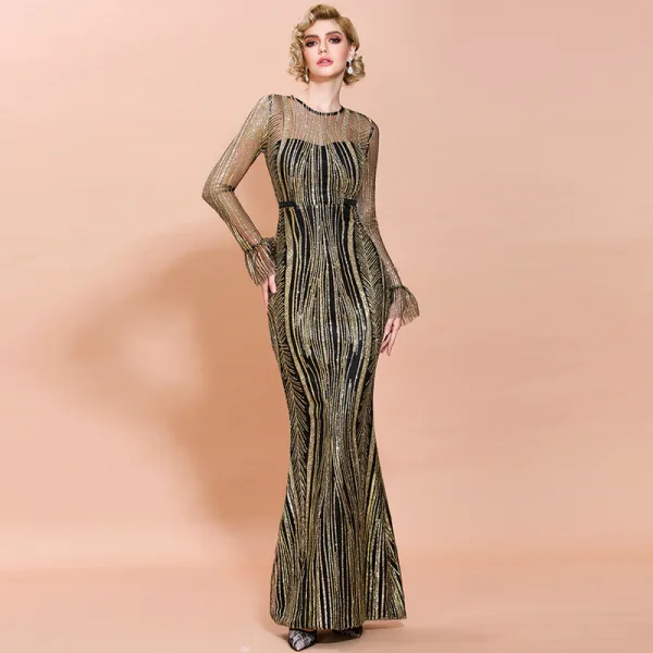 Chic / Belle Noire Doré Transparentes Robe De Soirée 2020 Trompette / Sirène Encolure Dégagée Manches Longues Manches de cloche Appliques Paillettes Longue Robe De Ceremonie