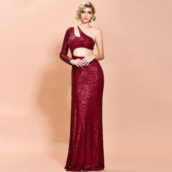 Fashion Burgundy Sequins Evening Dresses 2020 Trumpet Mermaid One Shoulder Long Sleeve Floor Length Long Backless Formal Dresses