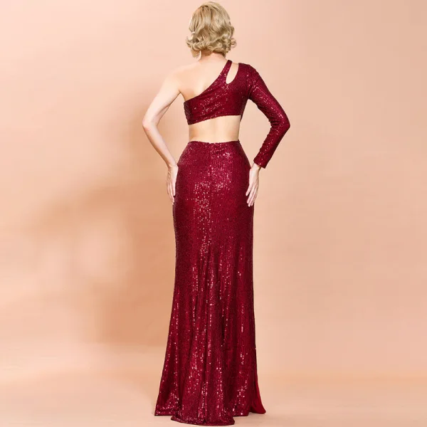 Fashion Burgundy Sequins Evening Dresses  2020 Trumpet / Mermaid One-Shoulder Long Sleeve Floor-Length / Long Backless Formal Dresses