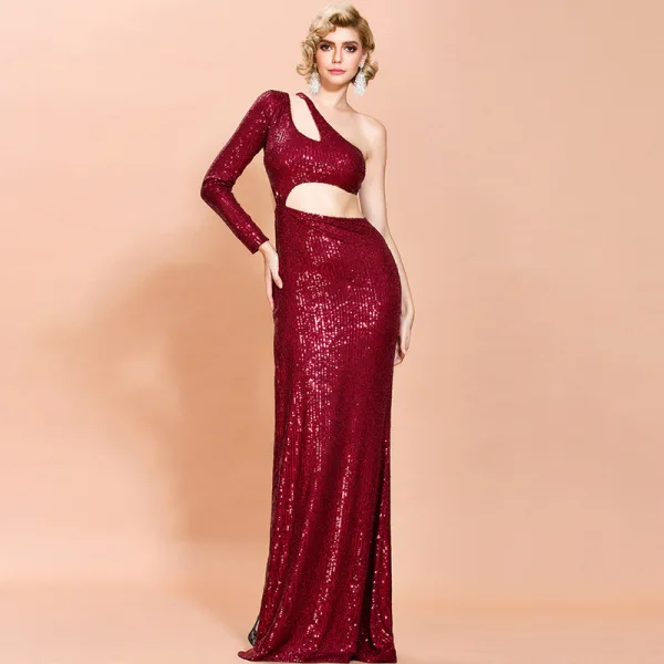 Fashion Burgundy Sequins Evening Dresses  2020 Trumpet / Mermaid One-Shoulder Long Sleeve Floor-Length / Long Backless Formal Dresses