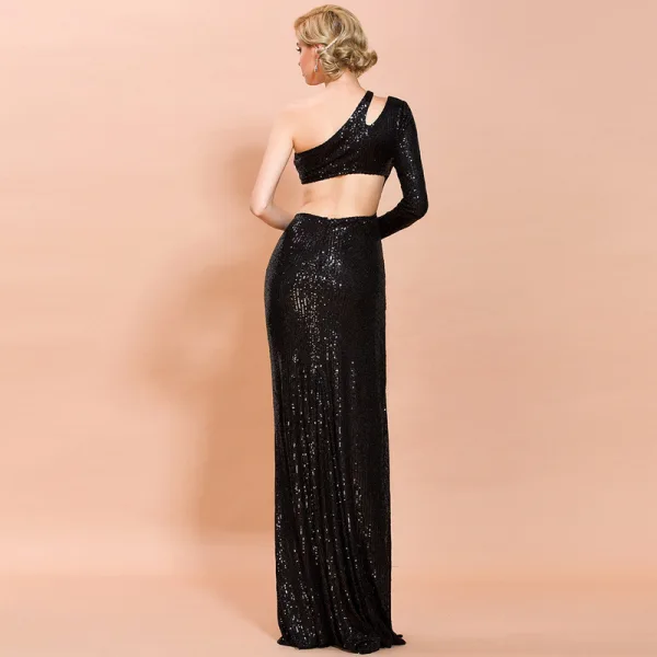 Fashion Burgundy Sequins Evening Dresses  2020 Trumpet / Mermaid One-Shoulder Long Sleeve Floor-Length / Long Backless Formal Dresses