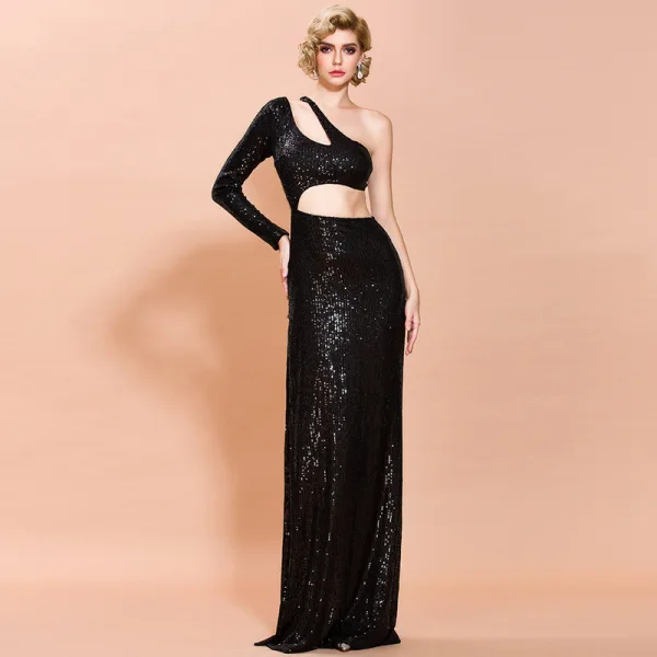 Fashion Burgundy Sequins Evening Dresses  2020 Trumpet / Mermaid One-Shoulder Long Sleeve Floor-Length / Long Backless Formal Dresses