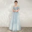 Chic / Belle Bleu Ciel Robe De Soirée 2020 Princesse Bretelles Spaghetti De l'épaule Manches Courtes Perlage Longue Volants Dos Nu Robe De Ceremonie