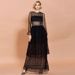 Élégant Noire Dentelle Été Robes Longues 2020 Gaine Ajustement Encolure Dégagée Manches Longues Volants En Cascade Longue Transparentes Vêtements Femme