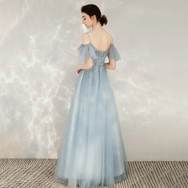 Chic / Belle Bleu Ciel Robe De Soirée 2020 Princesse Bretelles Spaghetti De l'épaule Manches Courtes Perlage Longue Volants Dos Nu Robe De Ceremonie