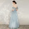 Chic / Beautiful Sky Blue Evening Dresses  2020 A-Line / Princess Spaghetti Straps Off-The-Shoulder Short Sleeve Beading Floor-Length / Long Ruffle Backless Formal Dresses