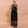 Elegant Black Lace Summer Maxi Dresses 2020 Sheath / Fit Scoop Neck Long Sleeve Cascading Ruffles Floor-Length / Long See-through Womens Clothing