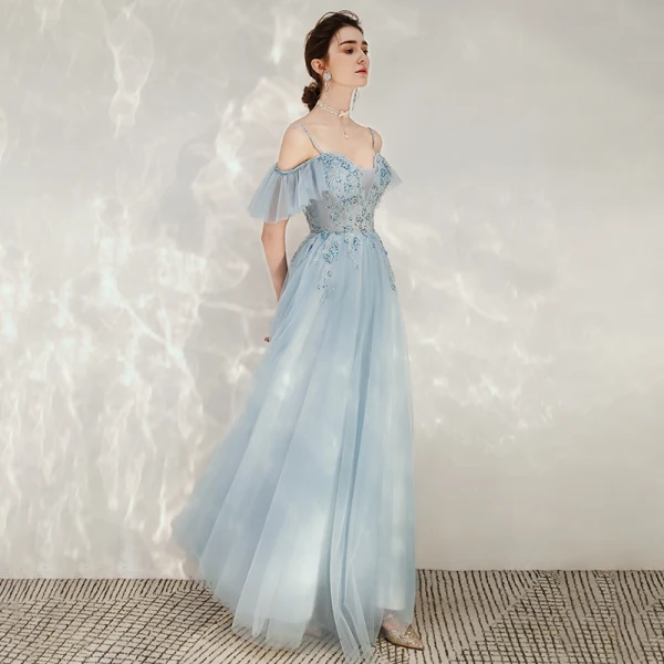 Chic / Belle Bleu Ciel Robe De Soirée 2020 Princesse Bretelles Spaghetti De l'épaule Manches Courtes Perlage Longue Volants Dos Nu Robe De Ceremonie