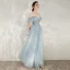 Chic / Belle Bleu Ciel Robe De Soirée 2020 Princesse Bretelles Spaghetti De l'épaule Manches Courtes Perlage Longue Volants Dos Nu Robe De Ceremonie