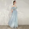Chic / Beautiful Sky Blue Evening Dresses  2020 A-Line / Princess Spaghetti Straps Off-The-Shoulder Short Sleeve Beading Floor-Length / Long Ruffle Backless Formal Dresses