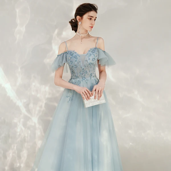 Chic / Belle Bleu Ciel Robe De Soirée 2020 Princesse Bretelles Spaghetti De l'épaule Manches Courtes Perlage Longue Volants Dos Nu Robe De Ceremonie