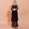 Elegant Black Lace Summer Maxi Dresses 2020 Sheath / Fit Scoop Neck Long Sleeve Cascading Ruffles Floor-Length / Long See-through Womens Clothing