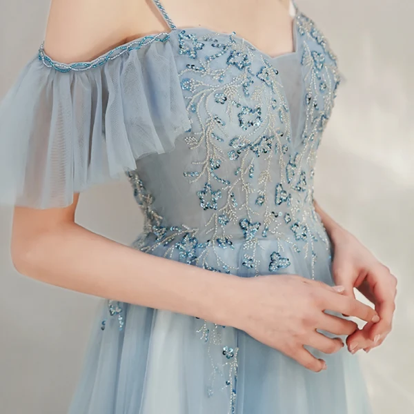 Chic / Belle Bleu Ciel Robe De Soirée 2020 Princesse Bretelles Spaghetti De l'épaule Manches Courtes Perlage Longue Volants Dos Nu Robe De Ceremonie
