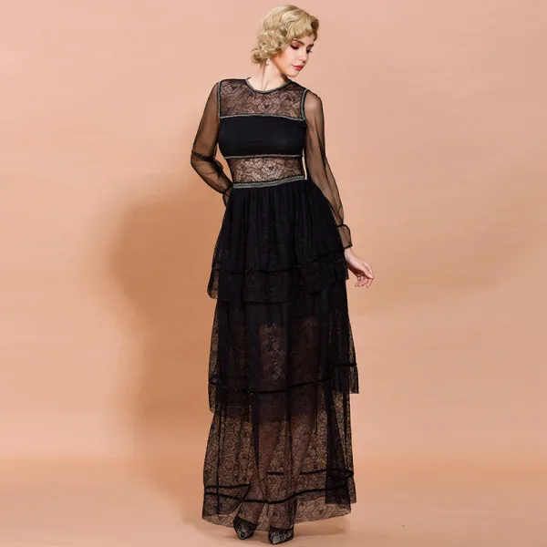 Elegant Black Lace Summer Maxi Dresses 2020 Sheath / Fit Scoop Neck Long Sleeve Cascading Ruffles Floor-Length / Long See-through Womens Clothing