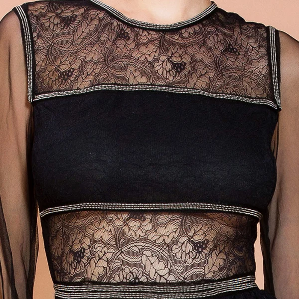 Elegant Black Lace Summer Maxi Dresses 2020 Sheath / Fit Scoop Neck Long Sleeve Cascading Ruffles Floor-Length / Long See-through Womens Clothing