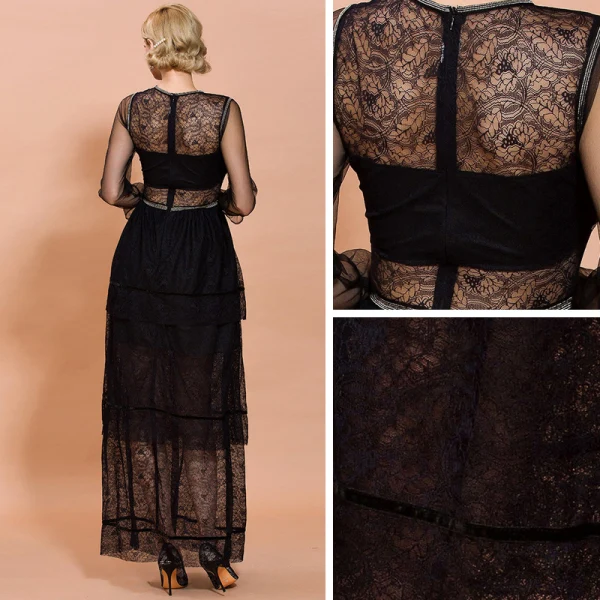 Elegant Black Lace Summer Maxi Dresses 2020 Sheath / Fit Scoop Neck Long Sleeve Cascading Ruffles Floor-Length / Long See-through Womens Clothing