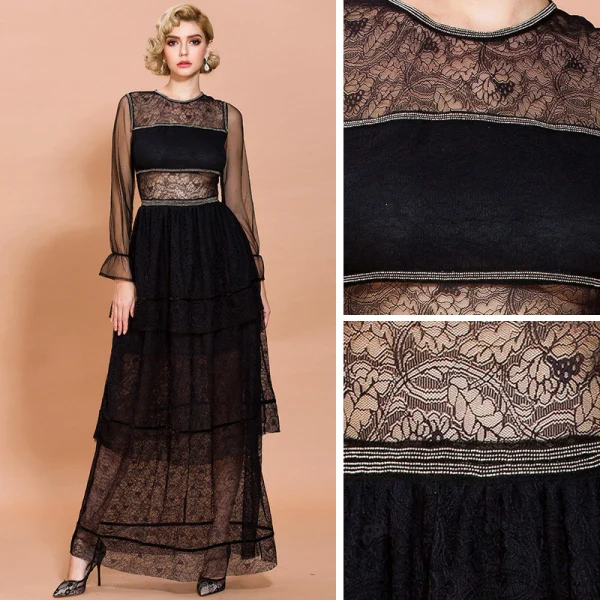 Elegant Black Lace Summer Maxi Dresses 2020 Sheath / Fit Scoop Neck Long Sleeve Cascading Ruffles Floor-Length / Long See-through Womens Clothing
