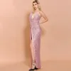 Sexy Rose Bonbon Paillettes Robe De Soirée 2020 Trompette / Sirène épaules Col v profond Sans Manches Fendue devant Longue Robe De Ceremonie