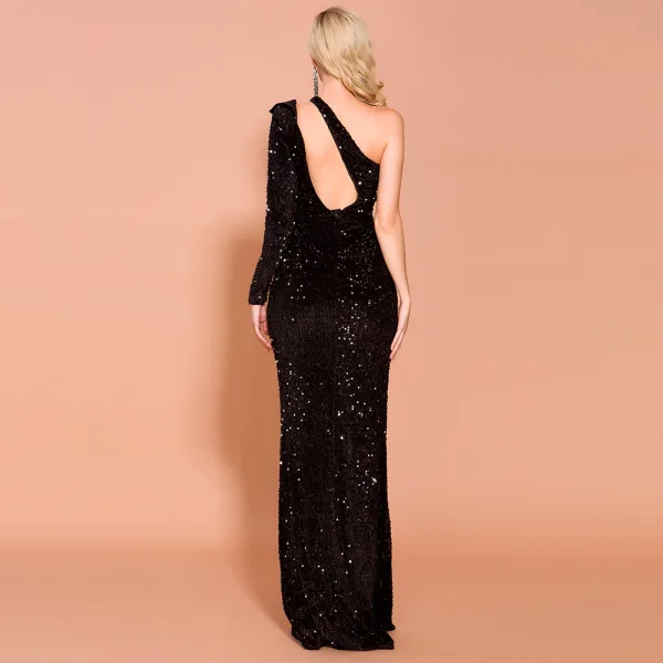 Mode Schwarz Pailletten Abendkleider 2020 Meerjungfrau One-Shoulder Lange Ärmel Gespaltete Front Lange Rückenfreies Festliche Kleider