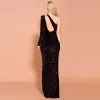 Moda Czarne Cekiny Sukienki Wieczorowe 2020 Syrena / Rozkloszowane Jedno Ramię Długie Rękawy Podział Przodu Długie Bez Pleców Sukienki Wizytowe