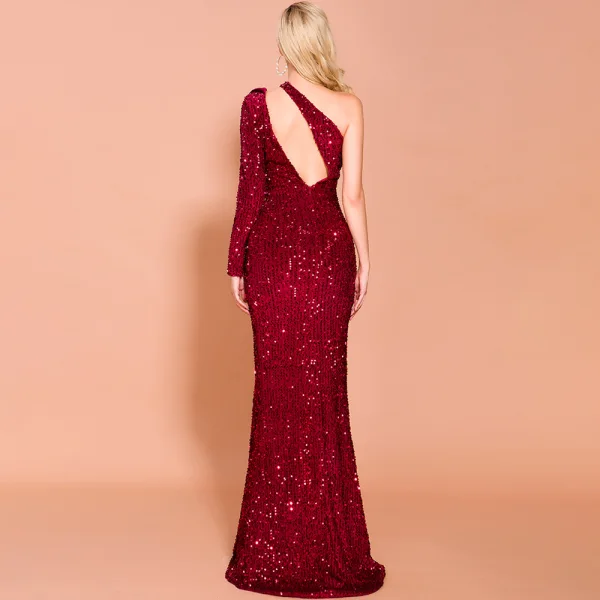 Mode Schwarz Pailletten Abendkleider 2020 Meerjungfrau One-Shoulder Lange Ärmel Gespaltete Front Lange Rückenfreies Festliche Kleider