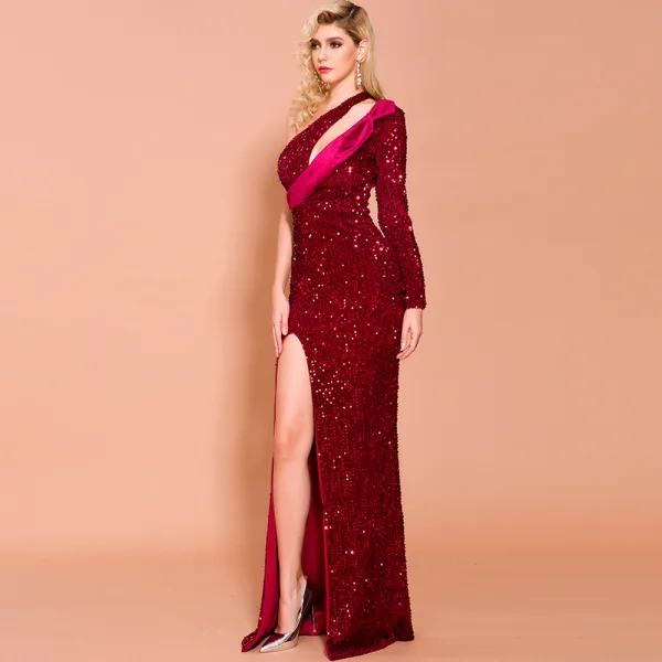 Mode Schwarz Pailletten Abendkleider 2020 Meerjungfrau One-Shoulder Lange Ärmel Gespaltete Front Lange Rückenfreies Festliche Kleider