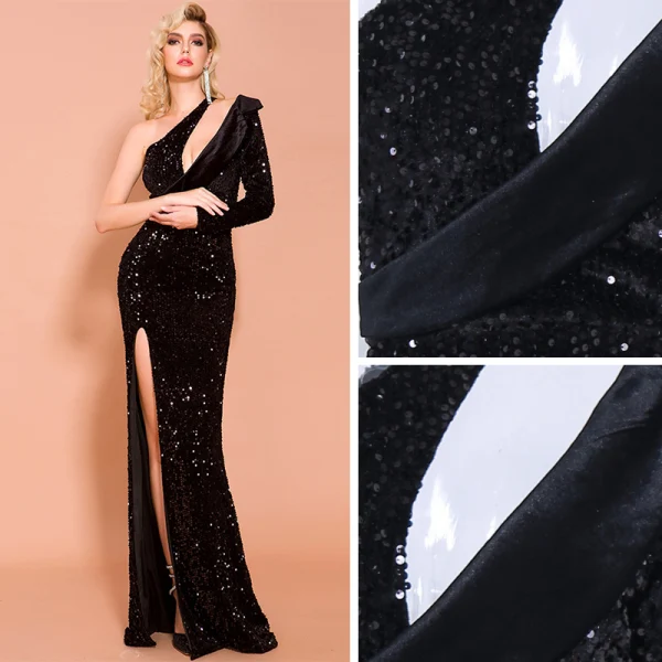 Mode Schwarz Pailletten Abendkleider 2020 Meerjungfrau One-Shoulder Lange Ärmel Gespaltete Front Lange Rückenfreies Festliche Kleider