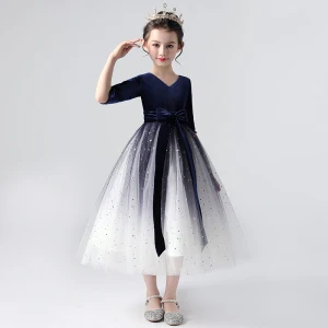 Élégant Bleu Roi Dégradé De Couleur Robe Ceremonie Fille 2020 Robe Boule V Cou 1 2 Manches Étoile Paillettes Ceinture Thé Longueur Volants
