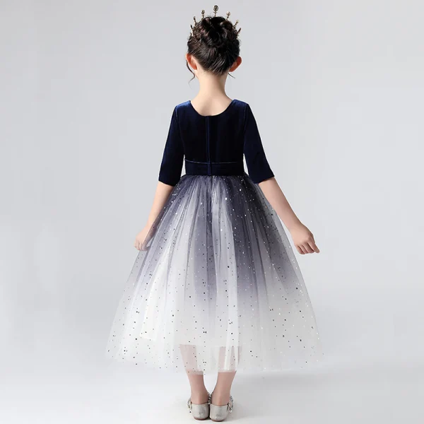 Elegant Royal Blue Gradient-Color Flower Girl Dresses 2020 Ball Gown V-Neck 1/2 Sleeves Star Sequins Sash Tea-length Ruffle