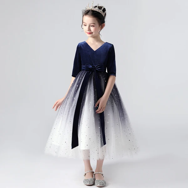 Elegant Royal Blue Gradient-Color Flower Girl Dresses 2020 Ball Gown V-Neck 1/2 Sleeves Star Sequins Sash Tea-length Ruffle