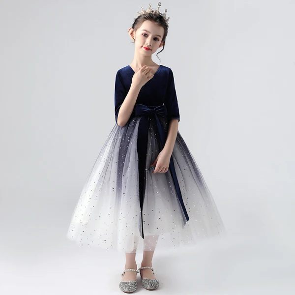 Elegant Royal Blue Gradient-Color Flower Girl Dresses 2020 Ball Gown V-Neck 1/2 Sleeves Star Sequins Sash Tea-length Ruffle
