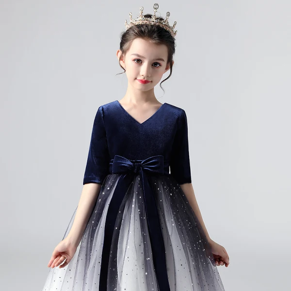 Elegant Royal Blue Gradient-Color Flower Girl Dresses 2020 Ball Gown V-Neck 1/2 Sleeves Star Sequins Sash Tea-length Ruffle