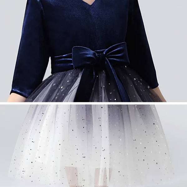 Elegant Royal Blue Gradient-Color Flower Girl Dresses 2020 Ball Gown V-Neck 1/2 Sleeves Star Sequins Sash Tea-length Ruffle