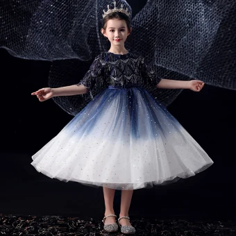 Chic Beautiful Royal Blue Gradient Color White Birthday Flower Girl Dresses 2020 Ball Gown Scoop Neck 1 2 Sleeves Bow Sash Sequins Tassel Tea Length Ruffle