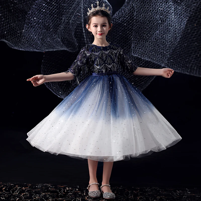 Chic Beautiful Royal Blue Gradient Color White Birthday Flower Girl Dresses  2020 Ball Gown Scoop Neck 1 2 Sleeves Bow Sash Sequins Tassel Tea Length  Ruffle