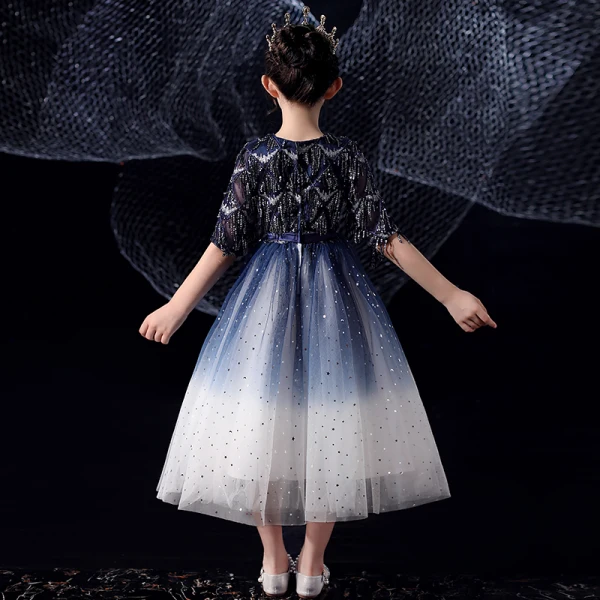 Chic / Beautiful Royal Blue Gradient-Color White Birthday Flower Girl Dresses 2020 Ball Gown Scoop Neck 1/2 Sleeves Bow Sash Sequins Tassel Tea-length Ruffle