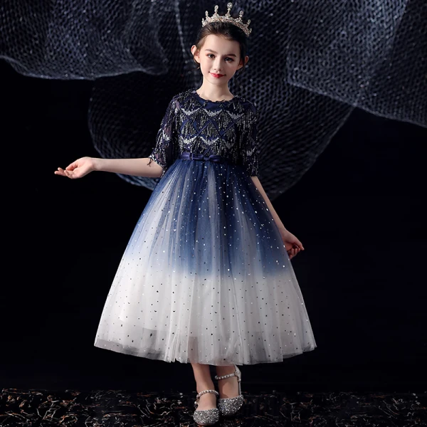 Chic / Beautiful Royal Blue Gradient-Color White Birthday Flower Girl Dresses 2020 Ball Gown Scoop Neck 1/2 Sleeves Bow Sash Sequins Tassel Tea-length Ruffle